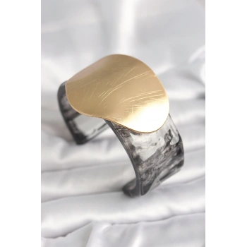 Siyah Mermer Desen Akrilik Plastik Gold Daire Plaka Model Vintage Kadın Bilezik - TJ-BB6679
