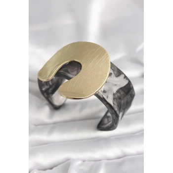 Siyah Mermer Desen Akrilik Plastik Gold Nal Model Plaka Vintage Kadın Bilezik - TJ-BB6677