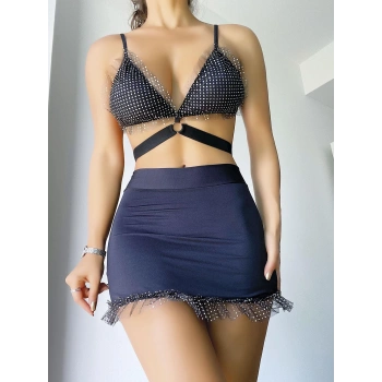 Siyah Mini Tül Detaylı Fantezi Elbise