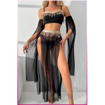 Siyah Pul Aksesuarlı Tül Etekli Kadın Seksi Gecelik