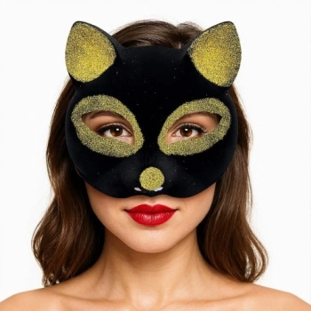 Siyah Renk Gold Simli Süet Kaplama Kedi Maskesi 18x14 cm