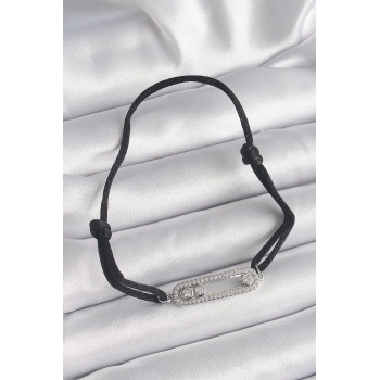 Siyah Renk İpli Asansör Zirkon Taşlı Gümüş Messika Model Kadın Bileklik - TJ-BB6580