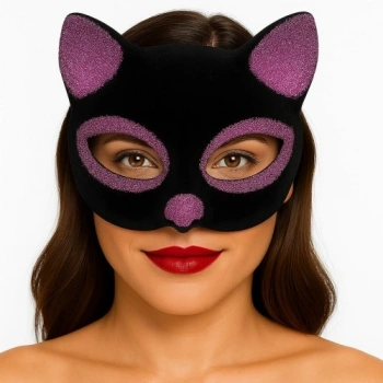 Siyah Renk Pembe Simli Süet Kaplama Kedi Maskesi 18x14 cm