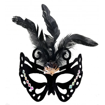Siyah Renk Siyah Süet Kaplama Tüylü Kelebek Figür Parti Maskesi 24x18 cm (4887)
