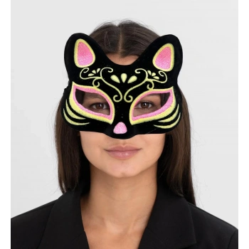 Siyah Renk Süet Kaplama Üzeri Pembe Sarı Simli Kedi Maskesi 17x14 cm