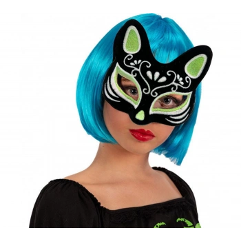 Siyah Renk Üzeri Gümüş Yeşil Simli Süet Kaplama Kedi Maskesi 17x14 cm