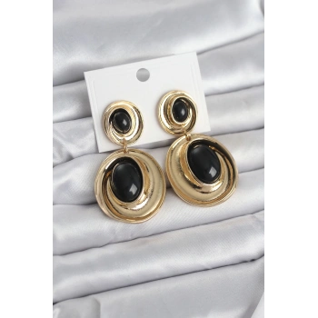 Siyah Sallantılı Damla Model Gold Renk Vintage Kadın Küpe - TJ-BKP11669