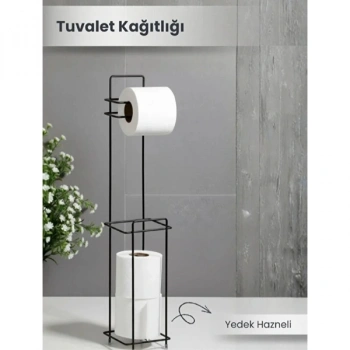 Siyah Standlı Yedek Hazneli Tuvalet Kağıtlığı