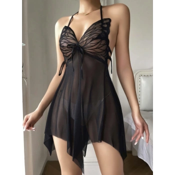 Siyah Transparan Kelebek Detaylı Tül Fantezi Gecelik 2243