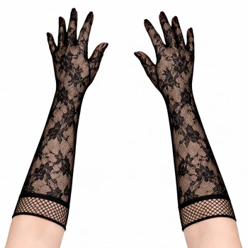 Siyah Uzun Gül Desenli Dantel Kadın Eldiveni