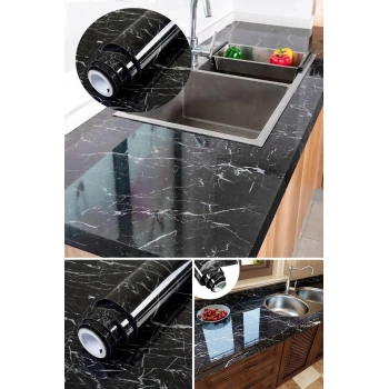 Siyah Yapışkanlı Kaplama Kağıdı Mermer Desenli Büyük Boy 5 Metre