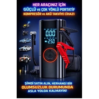 St-9650 Şarjlı 10.000 Mah Taşınabilir Araç Hava Kompresörü Akü Takviyeli Dijital Ekranlı Işıklı Çantalı