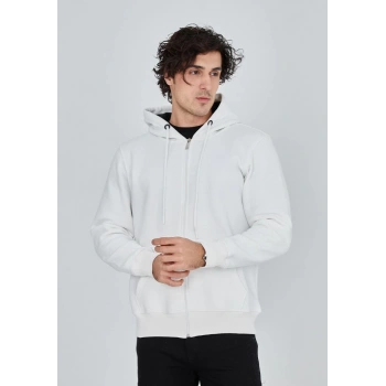 Tam Fermuarlı Kapşonlu  SweatShirt - Beyaz -