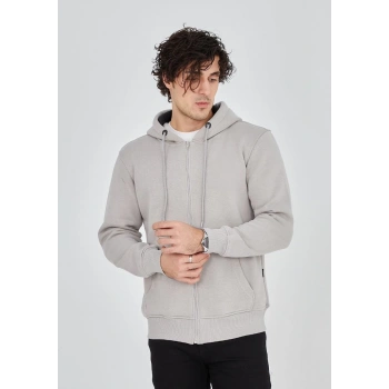 Tam Fermuarlı Kapşonlu  SweatShirt - Boyalı Gri