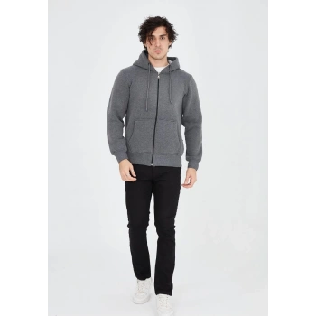 Tam Fermuarlı Kapşonlu  SweatShirt - Füme -