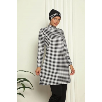 Tam Tesettür Dijital Desenli Mayo Siyah - Beyaz
