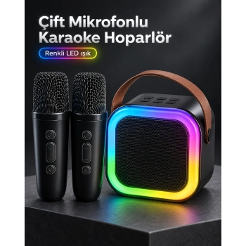 Taşıma Askılı Siyah LED Işıklı Bluetooth Hoparlör Çift Mikrofonlu Karaoke Seti