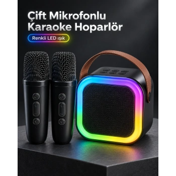 Taşıma Askılı Siyah Led Işıklı Bluetooth Hoparlör Çift Mikrofonlu Karaoke Seti