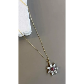 Taşlı Çiçek Kolye - Altın