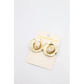 Taşlı Metal Küpe - Krem