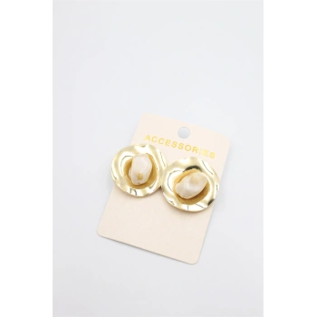 Taşlı Metal Küpe - Krem