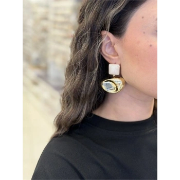 Taşlı Oval Küpe - Krem