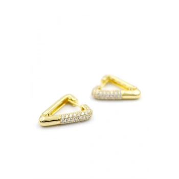 Taşlı Üçgen Küpe - 14K Altın