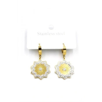 Taşlı Yıldız Çelik Halka Küpe - Altın