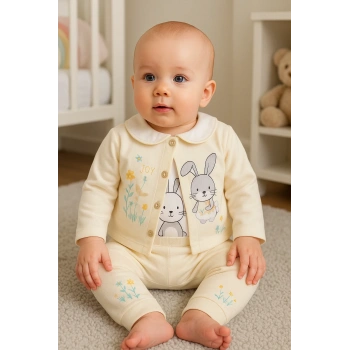 Tavşan Desenli Çiçekli 3lü Hırkalı Kız Bebek Takım