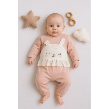 Tavşan Nakışlı Güpürlü % 100 Pamuk Kız Bebek Tulum