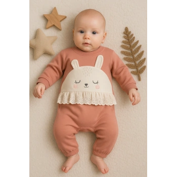 Tavşan Nakışlı Güpürlü % 100 Pamuk Kız Bebek Tulum