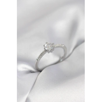 Tek Taş Model Gümüş Renk Zirkon Taşlı Kadın Yüzük - TJ-BYK4087