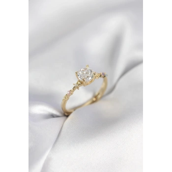 Tek Taş Model Zirkon Taşlı Gold Renk Kadın Yüzük - TJ-BYK3993