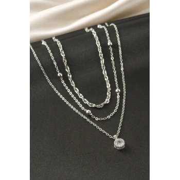 Tek Taşlı Çelik Üçlü Kolye