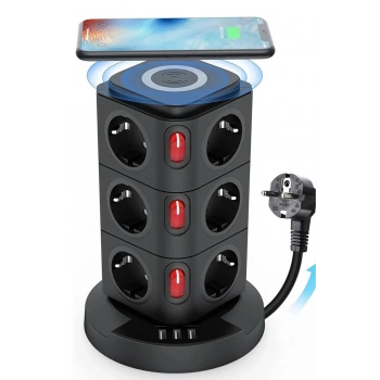 Termal Akım Korumalı Isıya Dayanıklı 3 Usb 12 Priz Ve Wireless Kablosuz Şarj 2.4 Amper Kablolu Priz