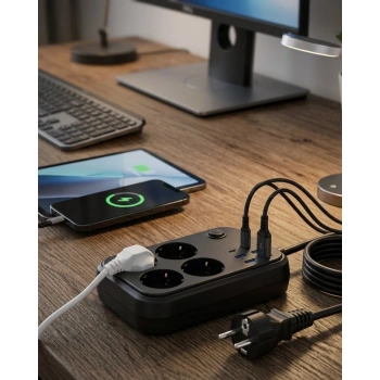 Termal Korumalı Uzatma Kablosu 4 Priz Usb Ve Type C Çoklu Şarj İstasyonu
