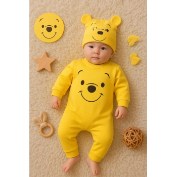 The Bear Desenli % 100 Pamuk Şapkalı Tulum