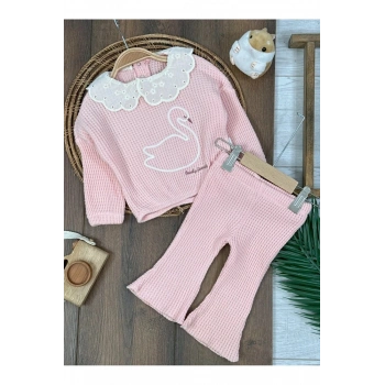 Triko Pudra pembe süzene nakışlı yaka güpürlü ispanyol paça pamuklu kız bebek takım