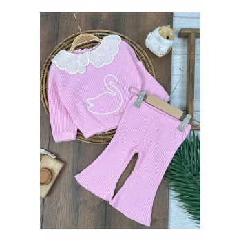 Triko Şeker Pembe Süzene nakışlı yaka güpürlü ispanyol paça pamuklu kız bebek takım