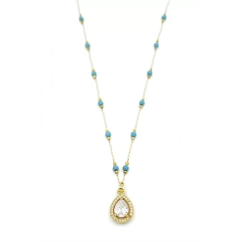 Turkuaz Boncuklu Kolye - Altın