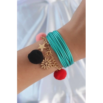 Turkuaz Renk Kar Tanesi Figür Zincir Detay İpli Çoklu Bileklik - TJ-BB6346