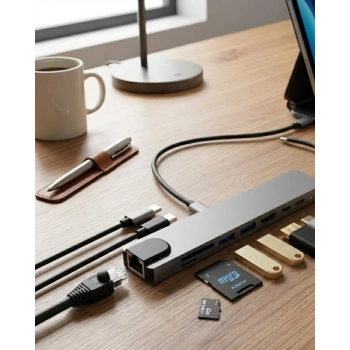 Type C Çoklu Port Hub 8 Port Usb Hdmı Sd Kart Ethernet Adaptör