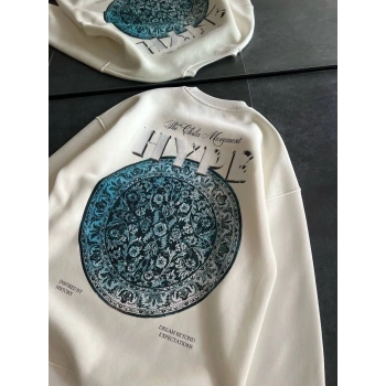 Üç İplik Bisiklet Yaka Baskılı SweatShirt - Beyaz -