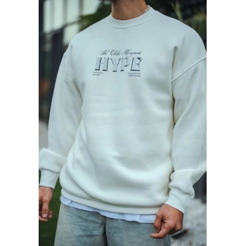 Üç İplik Bisiklet Yaka Baskılı SweatShirt - Beyaz -