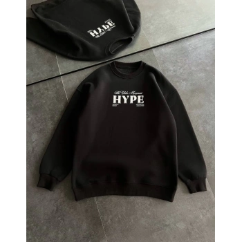 Üç İplik Bisiklet Yaka Baskılı SweatShirt - Siyah -