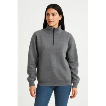 Üç İplik Dık Yaka Yarım Fermuarlı SweatShirt - Antrasit -