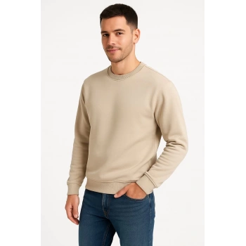 Üç İplik Düz Bisiklet Yaka SweatShirt - Bej -