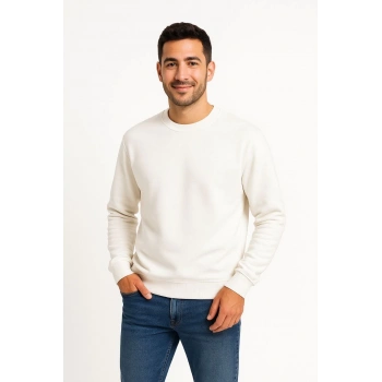 Üç İplik Düz Bisiklet Yaka SweatShirt - Beyaz -