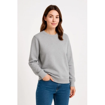 Üç İplik Düz Bisiklet Yaka SweatShirt - Gri -