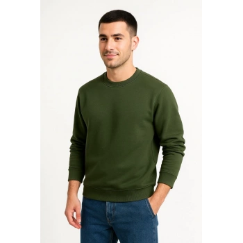 Üç İplik Düz Bisiklet Yaka SweatShirt - Haki